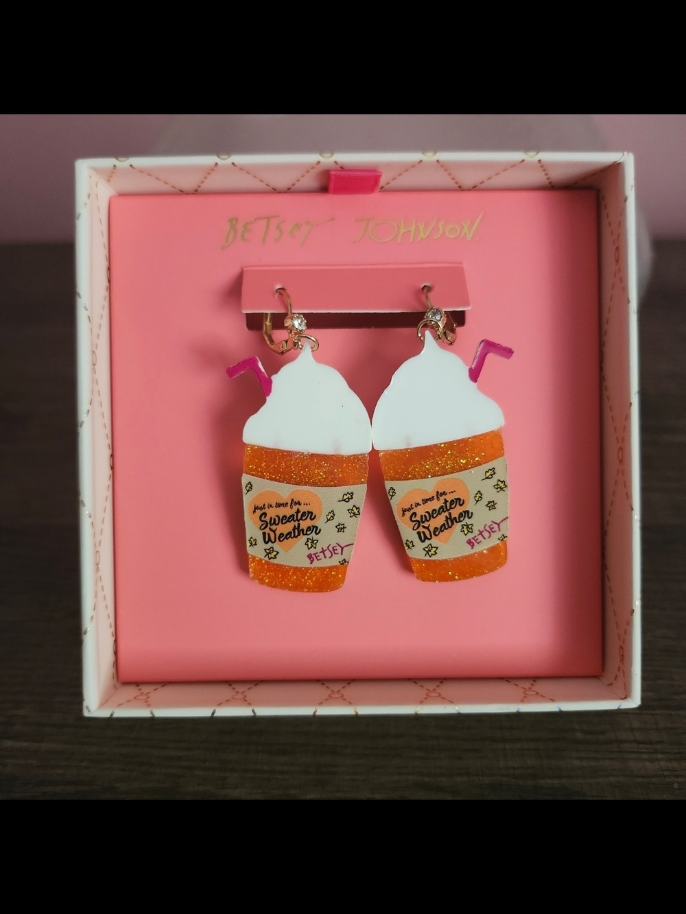 Pumpkin Spice Cup Frappe Drop Earrings - Gold & White - Picture 5 of 5